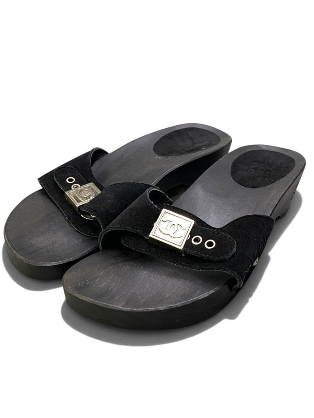 Chanel Suede Wood Sandals Buckle Design CC Logo Shoes Black Leather
